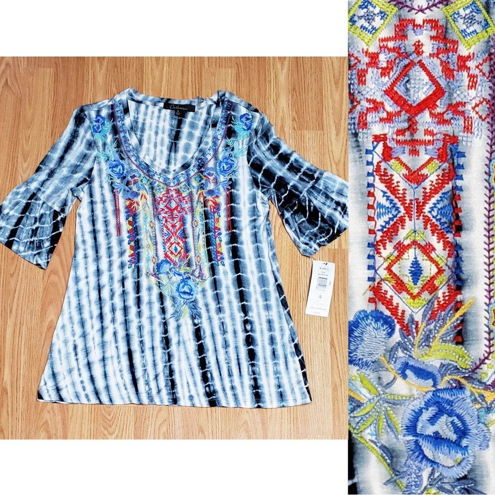 NWT Calessa size S embroidered tie dye 3/4 bell sleeve v neck bohemian Top black